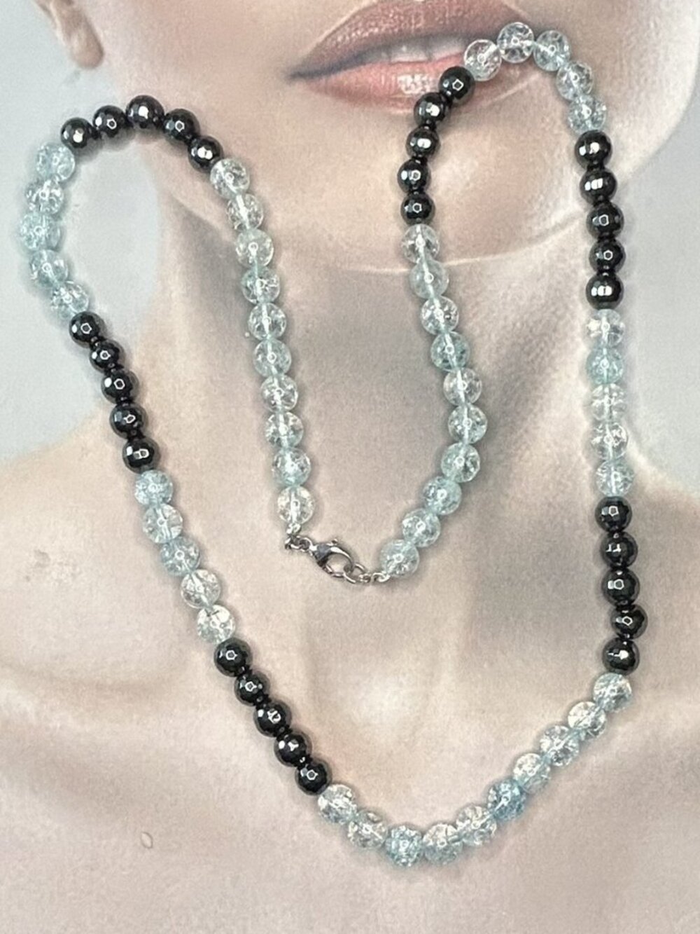 Light Blue Crackle Quartz Beads and Faceted Hematite Beads Necklace.